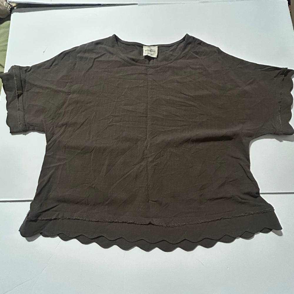 Umgee Brown Scalloped Hem Short Sleeve Boxy Boho Top Textured Raw Edge Large
